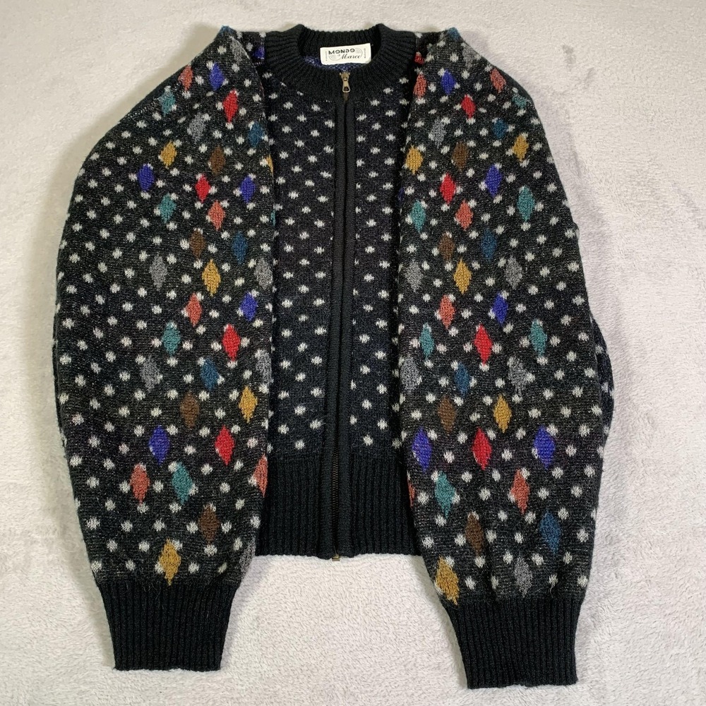 Mondo Di Marco Sweater Mens 52 Black Full Zip Abstract Wool Mohair Grandpa Italy